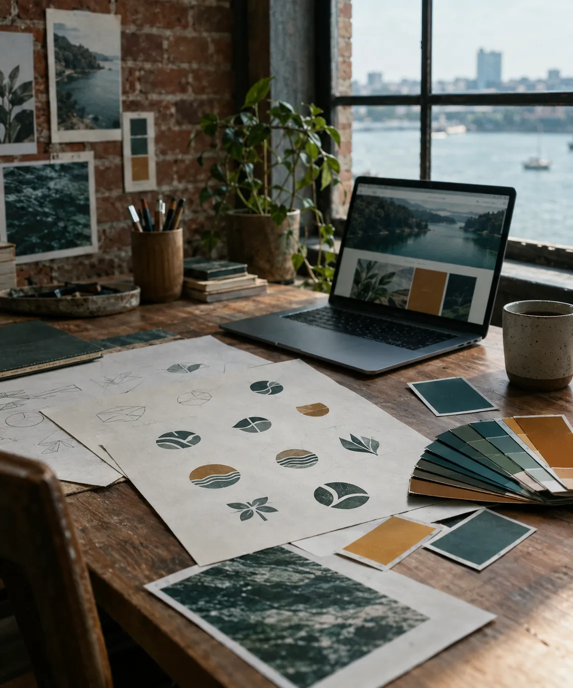 A design worktable with logo sketches, teal and amber color swatches, and a laptop showing a website layout