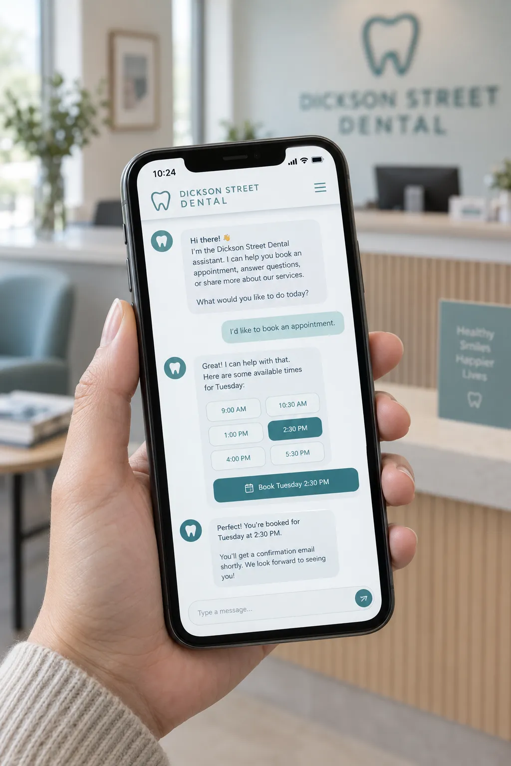 Phone showing a chat assistant for Dickson Street Dental offering appointment times and a booking button