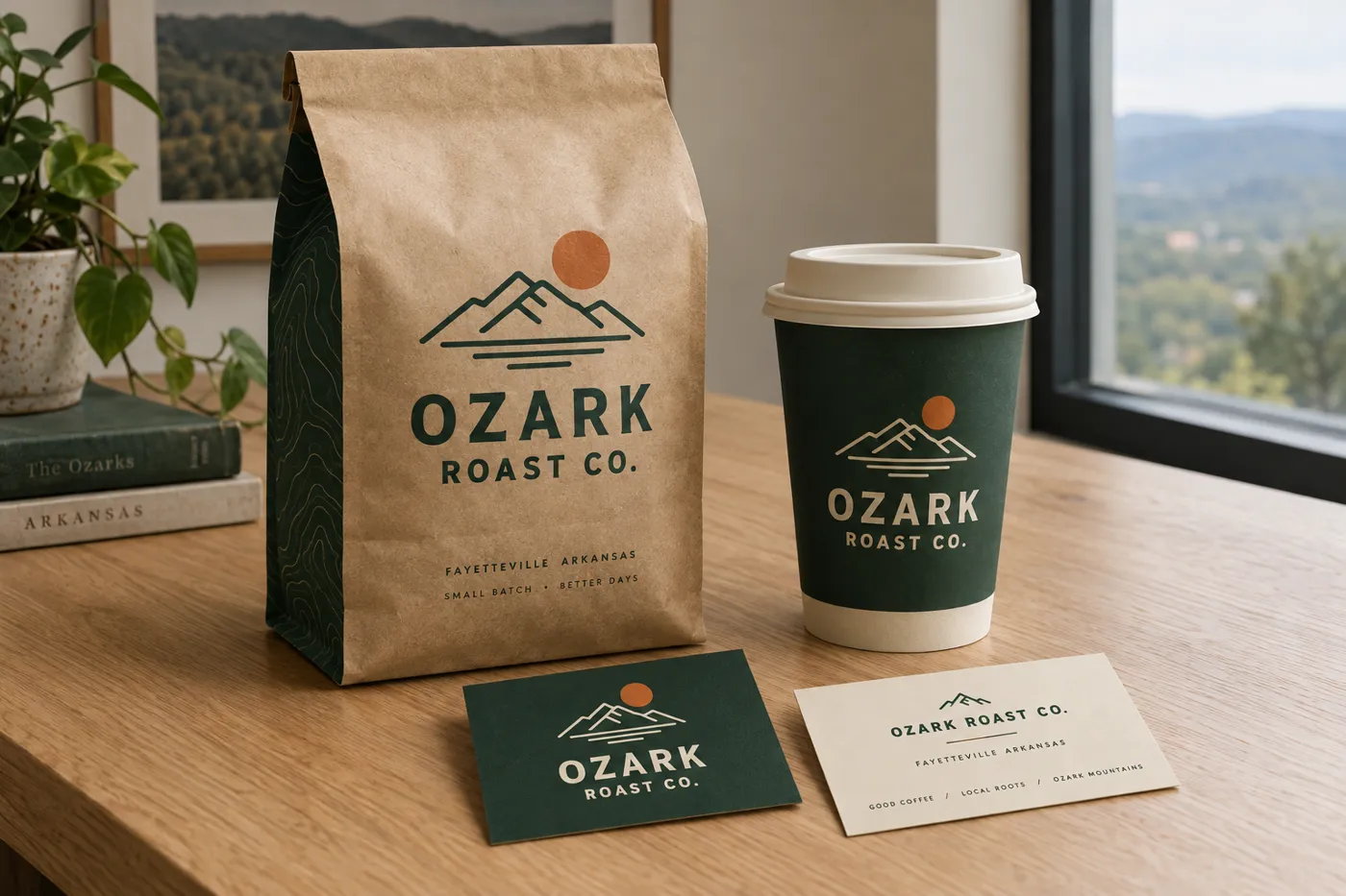 Ozark Roast Co. brand concept: kraft coffee bag, green paper cup, and business cards with a mountain-and-sun logo