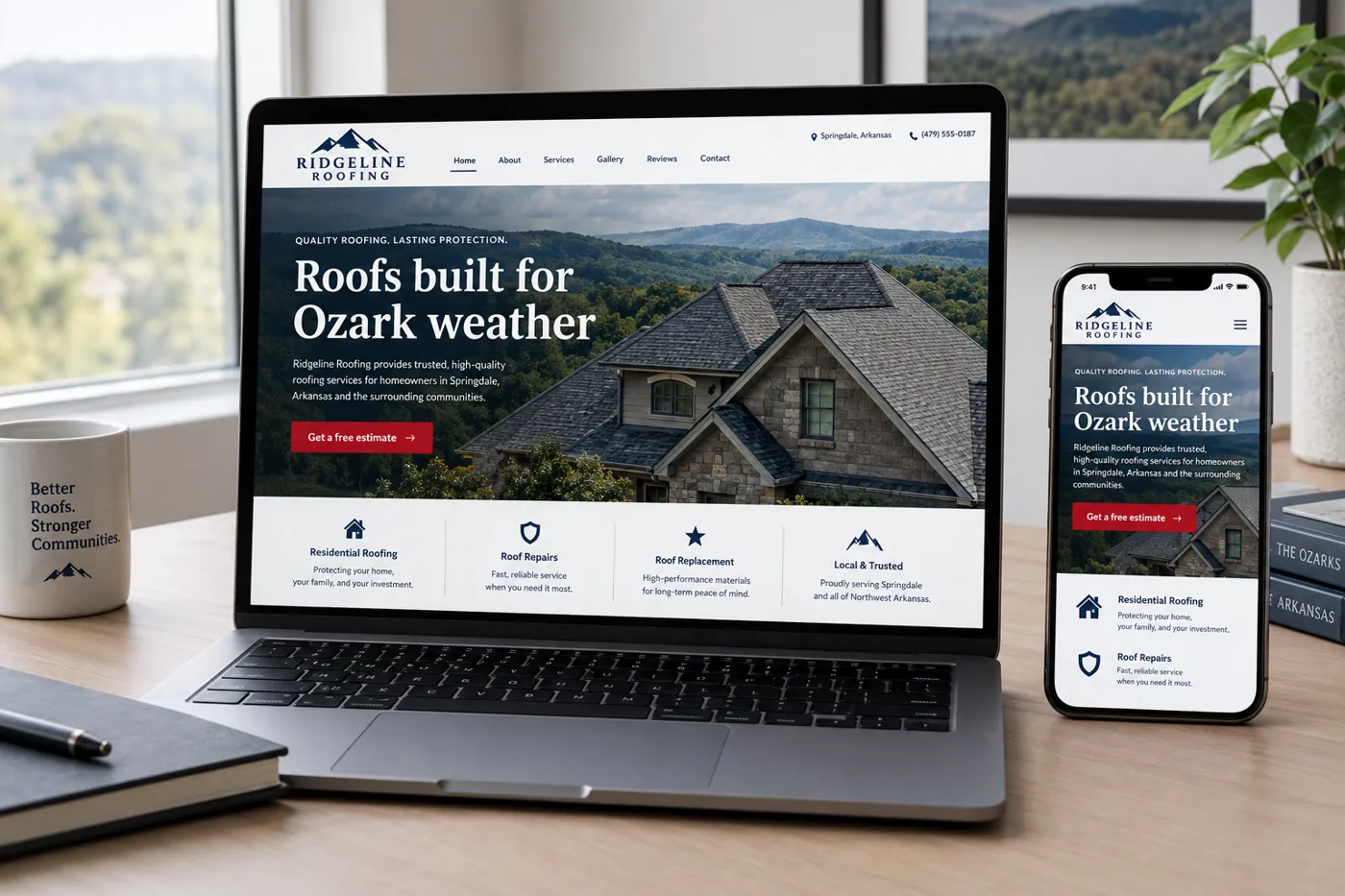 Ridgeline Roofing website concept shown on a laptop and phone, with the headline Roofs built for Ozark weather